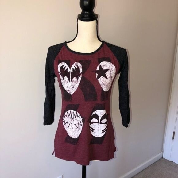 Kiss Tops - KISS Band Tee Womens Size Medium Dark Gray Baseball Style Distressed 2014